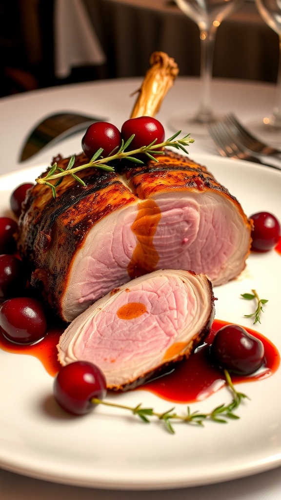 Sliced duck breast with cherry sauce and thyme on an elegant plate.